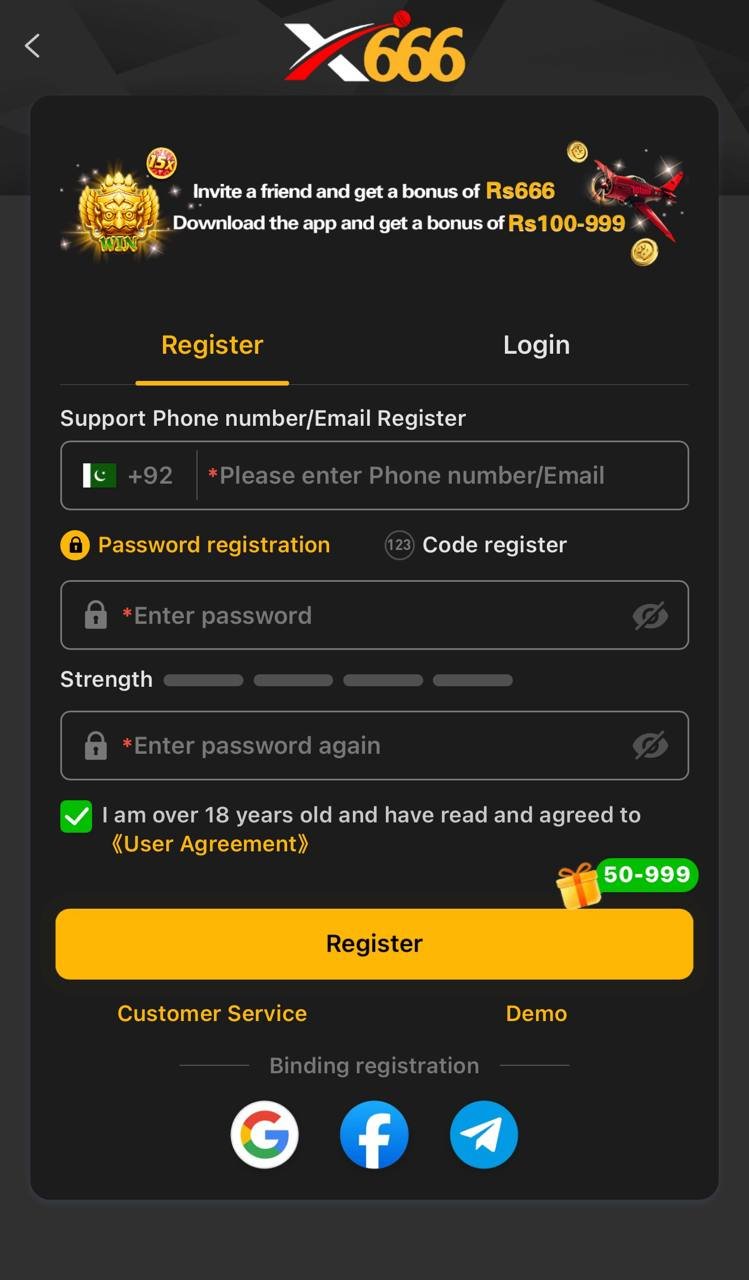 x666 app registration screen for players aged 18 and over